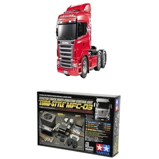 TAMIYA Bundle 56323- Scania R620 Highline,ferngesteuerte 3Achs LKW Zugmaschine, 1:14, Bausatz + 56523 1:14 MFC-03 Truck-Multifunktionseinheit, schwarz, fernsteuerbarer, Lastwagen, LKW, Modellbau