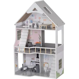 AIYAPLAY Puppenhaus aus Holz, 3-stöckiges Dollhaus mit 13 Möbelstücken und Zubehör, 85,3 cm Hoch Spielhaus für 3-6 Jahre Kinder, Grau   Aosom