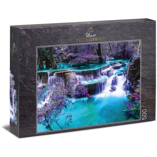 Ulmer Puzzleschmiede - Puzzle „Secret Place“ - Klassisches 500 Teile Puzzle – Puzzlemotiv eines nächtlichen Wasserfall mit mysthisch leuchtenden Farben an einem verborgenen Ort in Asien