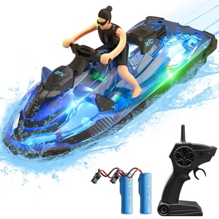 OBEST 2,4 GHz ferngesteuertes Motorboot, ferngesteuertes Boot, mit LED-Leuchten und Simulationspuppen, 2 Batterien, Spielzeug für Erwachsene/Kinder, geeignet für Schwimmbäder und Seen