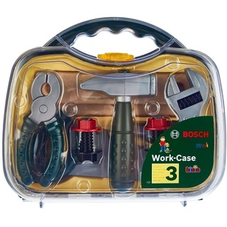 Klein Theo 8465 Bosch Werkzeugkoffer, mittel I Umfangreiches Werkbank-Zubehör wie Hammer, Säge, Zange u.v.m. im robusten Koffer I Spielzeug für Kinder ab 3 Jahren
