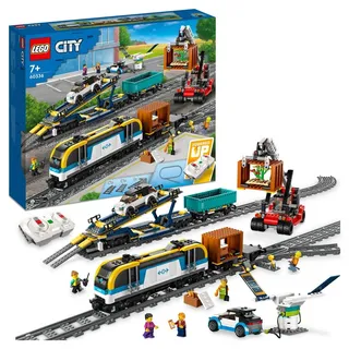 LEGO City Güterzug, Spielzeug-Eisenbahn mit Ton, ferngesteuerter Zug, Autotransporter, 33 Schienen-Elemente und 2 Autos, Set ab 7 Jahre 60336