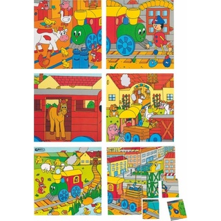 Woodyland Lernspielzeug 93005 Holz Puzzle / Würfelpuzzle mit 6 Motiven - Thema Eisenbahn, Würfel rundum bespielbar