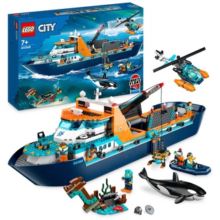 LEGO 60368 City Arktis-Forschungsschiff, großes schwimmfähiges Spielzeug-Boot mit Hubschrauber, Beiboot, ROV-U-Boot, Wikingerschiffswrack, 7 Mini...