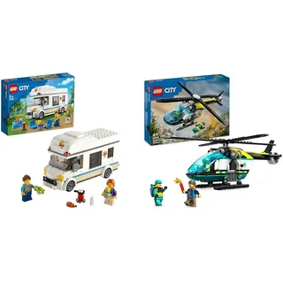 LEGO City Starke Fahrzeuge Ferien-Wohnmobil Spielzeug, Spielzeugauto Campingbus & City Rettungshubschrauber, Hubschrauber-Spielzeug für Kinder