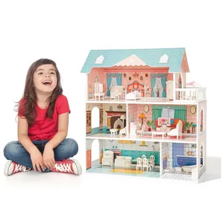 OKWISH Puppenhaus Puppenhaus Spielset Hölzernes mit Möbeln und Zubehör Puppenhausmöbel, (mit Puppenmöbel echtes Traumspielzeughaus), aus Holz tolles Geschenk für Mädchen
