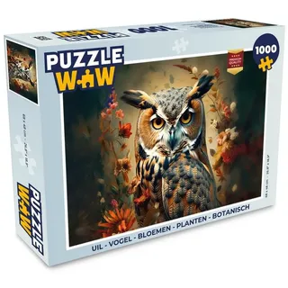 MuchoWow Puzzle Eule - Vogel - Blumen - Botanisch, 1000 Puzzleteile, Foto-Puzzle, Bilderrätsel, Puzzlespiele, Klassisch bunt