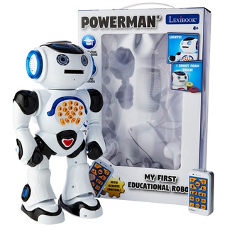 Powerman ROB50EN Spielzeugrobot, mit Fernbedienung, pädagogischer Roboter, Tanz, singt, Geschichten, Mathematik-Quiz, Schießscheiben und Stimm-Nachahmung, Schwarz/Weiß (Englische Version)