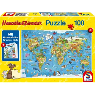 Schmidt Spiele 56412 Dinosaurier Mauseschlau und Bärenstrak, Reise um die Welt, 100 Teile Kinderpuzzle, mit Wissensbüchlein, bunt