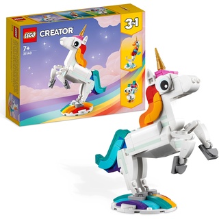 LEGO 31140 Creator 3in1 Magisches Einhorn Spielzeug, Seepferdchen, Pfau, Regenbogen-Einhorn-Tierfiguren, Geschenk für Mädchen und Jungen, baubares Spielzeug