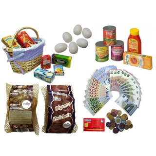 Beluga Kaufladen Großes Kaufladen-Set (Miniatur Lebensmittel + Spielgeld), mit Miniaturen von echten Marken blau