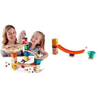 Hape E6021 Starter Set Quadrilla, Kugelbahn mit 27 Bauteilen aus Holz und 30 Murmeln, ab 4 Jahren & Hape E6023 - Mega Skatepark, Zubehör für Quadrilla Kugelbahnen, Murmel-Sprungchance