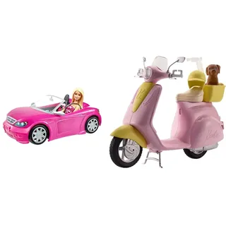 Barbie DJR55 - Puppe und Cabrio in rosa mit Glitzer, realistische Reifen Logo, Spielzeug ab 3 Jahren & FRP56 - Motorroller, pink, Spielzeug ab 3 Jahren