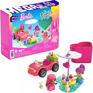 MEGA HKF90 - Barbie Color Reveal Bauspielzeug, Cabrio-Ausflug mit 2 kleinen Barbie-Puppen, Zubehör, 2 Tieren, Farbwechsel und 10 Überraschungen, Konstruktionsspielzeug für Kinder ab 4 Jahren