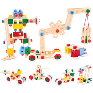 Bino Baukasten im Eimer, Spielzeug für Kinder ab 3 Jahre, Kinderspielzeug (Konstruktionsspielzeug, 120 teilig, zum Bauen von allerlei Konstruktionen, Motorikspielzeug aus Holz), Mehrfarbig