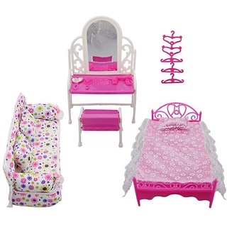 Yudanny 8 Stück/Set Prinzessin Möbel Zubehör Geschenk Kommode Set + Sofa + Bett Set + Kleiderbügel für Schlafzimmer Barbie Puppe
