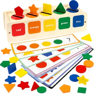 Landifor Montessori Spielzeug Holz Steckspielzeug Sortierspiel Matching Box mit 25 Bunte Holzklötze und 13 Quiz-Karten Lernspielzeug für Junge Mädchen Kindergarten Vorschule Ostern Geschenkideen
