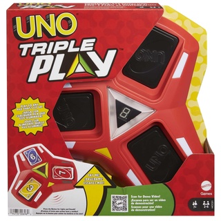 UNO Triple Play - Kartenspiel mit Licht- und Soundeffekten für dreifachen Spielspaß, inklusive Timer-Modus und LED-Anzeige, ab 7 Jahren, HCC21