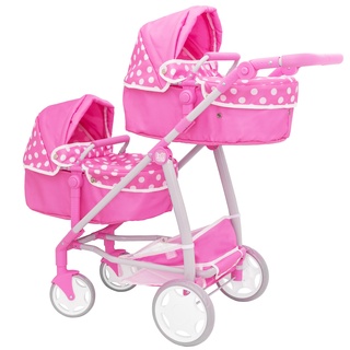 Dolly Tots Zwillings Puppenwagen | Doppel Puppenbuggy mit Pinkfarbenem Punktemuster | Zwillingspuppenwagen mit Anpassbarer Griffhöhe und Mehreren Sitzmöglichkeiten | Puppenwagen ab 3 Jahre