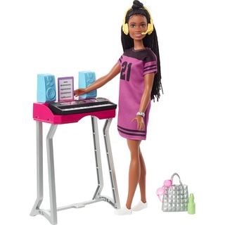 Barbie GYG40 - „Bühne Frei für große Träume“ Brooklyn Barbie Puppe (ca. 30 cm groß, mit braunen Zöpfen) und Musiksstudio-Spielset mit Keyboard und Zubehörteilen, Geschenk für Kinder von3 bis 7 Jahren