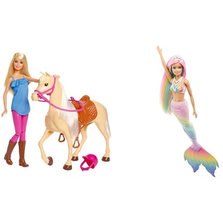 Barbie FXG94 FXH13 Pferd mit Mähne und Puppe mit beweglichen Knien, ab 3 Jahren & GTF89 - Dreamtopia Regenbogenzauber Meerjungfrauen-Puppe mit Regenbogenhaaren und Farbwechsel-Funktion, 3 bis 7 Jahren