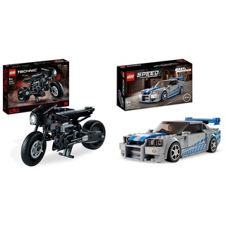 LEGO 42155 Technic The Batman - BATCYCLE Set & 76917 Speed Champions 2 Fast 2 Furious Nissan Skyline GT-R (R34) Rennwagen Spielzeug zum Bauen, 2023 Modell Auto-Bausatz mit Brian O'Conner Figur