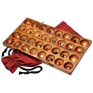 LOGOPLAY 85 Hus - Bao - Kalaha - Bohnenspiel - Muschelspiel - Edelsteinspiel aus Samena-Holz inkl. Edelsteinen und Stoffbeutel