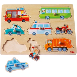 HABA 301940 - Greifpuzzle Fahrzeug-Welt , Holzspielzeug ab 12 Monaten , 8-teiliges Puzzle aus Holz mit bunten Fahrzeugmotiven , Mit großen Knöpfen zum Greifen