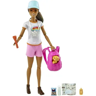 Barbie-Puppe, Wander, Wander-Set, Zubehör, Hut, Sonnenbrille, Taschenlampe, Karte, Fotoapparat, Welpe, inkl Puppe, Geschenk für Kinder, Spielzeug ab 3 Jahre,HNC39