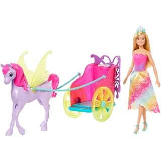 Barbie GJK53 - Dreamtopia Prinzessin-Puppe, ca. 30 cm groß, blond, mit Fantasie-Pferd und Kutsche, Mode und Zubehör, Spielzeug Geschenk für Kinder von 3 bis 7 Jahren