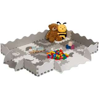 Relaxdays Puzzlematte, 4x3 Baby Spielmatte mit Rand, Dinosaurier, schadstofffreier Schaumstoff, Kindermatte, grau/weiß