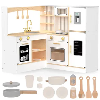 Mamabrum Holz Kinderküche 3+, Große, Interaktive Spielküche XXXL, Küchenset mit Kühlschrank, Mikrowelle, Spülbecken, Backofen, Geschirrspüler und Zubehör