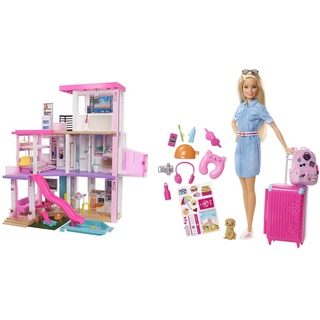 Barbie GRG93 - Traumvilla, dreistöckiges Puppenhaus, ab 3 Jahren & FWV25 Travel Puppe (blond) mit Hündchen, aufklappbarem Koffer, Stickern und mehr als zehn Accessoires, Spielzeug ab 3 Jahren