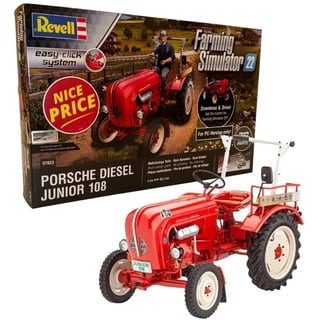 Revell 07823 Traktor Porsche Junior 108, Farming Simulator Edition, die Traktorlegende zum Selberbauen, 1:24, 10,7 cm Modellbausatz für Einsteiger mit dem Easy-Click-System, farbige Bauteile, Rot