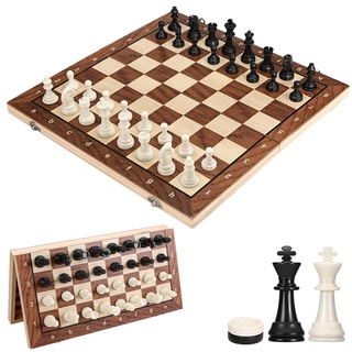Schachspiel Magnetisch, 3 In 1 Schachbrett Holz Hochwertig Schach und Dame, Einklappbar und Tragbar Chess Board Set für Erwachsene Kinder Party Reisen (39x39cm)