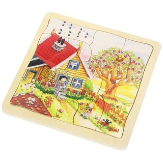 Goki 57684 - Schichtenpuzzle Vier Jahreszeiten, 4-in-1 Holzpuzzle zur Wetterkunde, Bildungsspielzeug, 20x20cm, 56er Set, ab 3 Jahre, Gemischt