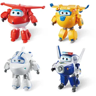 Super Wings Transforming-Set x4 Spielflugzeug und Roboterfigur Verwandelbare Figur und Roboter aus der Zeichentrickserie Spielzeug für Kinder ab 3 Jahren - 12 cm, Blau Gelb Weiß Rot