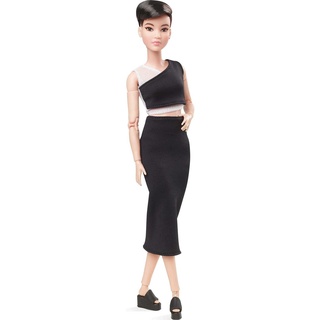 Barbie GXB29 - Barbie Signature Barbie Looks Puppe (petite, brünett, Kurzhaarschnitt) voll bewegliche Modepuppe mit schwarzem Midi-Rock und Oberteil, Geschenk für Sammlerinnen