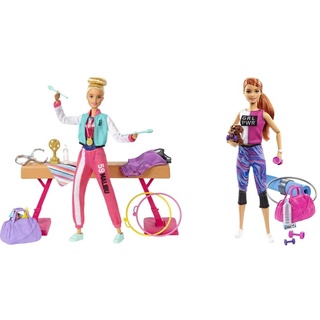 Barbie GJM72 - Turn-Spielset mit Puppe, Schwebebalken und mehr als 15 Zubehörteilen & GJG57 - Wellness Fitness Puppe (rothaarig), mit Hündchen und 9 Zubehörteilen