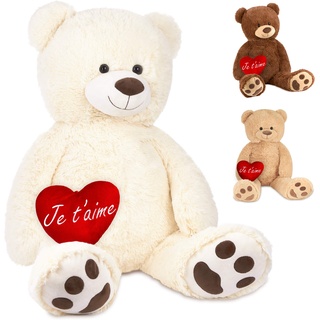 BRUBAKER XXL Teddybär 100 cm Weiß mit einem Je T'Aime Herz Stofftier Plüschtier Kuscheltier