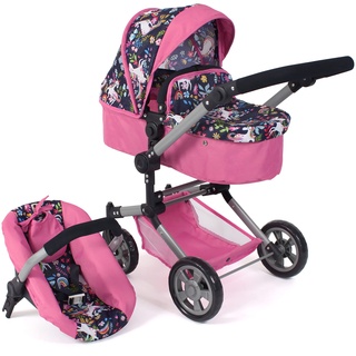 Bayer Chic 2000 - Puppenwagen Linus, 3in1 Kombipuppenwagen für Kinder von 4 bis 8 Jahren, Puppenwagen-Set, Einhorn, Navy-pink, 592-43