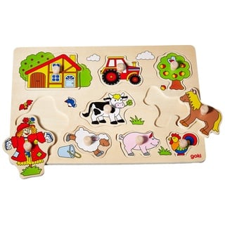 goki 57995 Steckpuzzle Bauernhof VI für Kinder Holzpuzzle mit Traktor und Hoftieren Pferd, Schwein, Schaaf, Hahn, Kuh, atürlicher Holzhintergrund, 9er Set, ab 1 Jahr