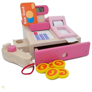 ESTIA Holzspielwaren Kaufladensortiment Kaufladenkasse aus Holz mit Scanner und Taschenrechner, für Kaufläden, lehrreich durch realitätsnahes Spiel rosa