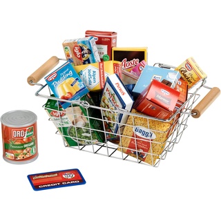 Theo Klein 7201 Metall-Einkaufskorb gefüllt mit Deutschen Produkten I Mit Schachteln und Dosen für den Kaufladen I Spielzeug für Kinder ab 3 Jahren