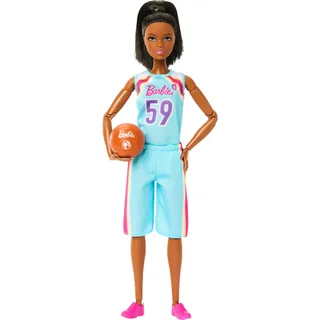 Barbie Made to Move Puppe und Accessoires, brünette Basketballspielerin mit abnehmbarem Sportdress mit Ball, 22 bewegliche Gelenke, HKT74