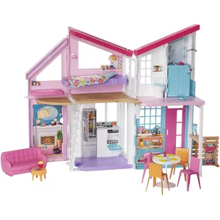 Barbie Malibu Haus, zweistöckige Traumvilla, mit 6 Zimmern, 25+ Barbie Zubehör, ohne Barbie Puppen, als Geschenk für Kinder ab 3 Jahren geeignet, FXG57