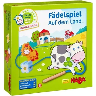 HABA 5580 - Meine erste Spielwelt Bauernhof: Fädelspiel auf dem Land 2 Fädelschnüre mit Stall, 1 Kuh, 1 Kalb, 1 Pferd, 1 Fohlen, 1 Kleeblatt, 1 Blu