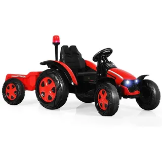 Kinder Elektro Traktor mit abnehmbarem Anhänger & Fernbedienung, Trettraktor mit LED Lichtern, Musik, Hupe & USB, für Kinder ab 3 Jahre (Rot)