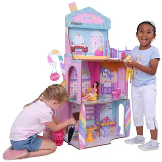 KidKraft Candy Castle Puppenhaus aus Holz mit Möbeln und Zubehör, Haus mit Lama-Einhorn-Figur, Eistütenlift und Gummibärchenstuhl für Puppen, Spielzeug für Kinder ab 3 Jahre, 20242