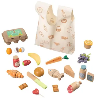 howa Kaufladen Zubehör Kinderküche Zubehör Holz, 25-teiliges Holzspielzeug Set Spiellebensmittel - Obst, Gemüse, Wurst, Käse, Fisch, Brötchen und mehr Spielküche Zubehör für kreative Rollenspiele 4895